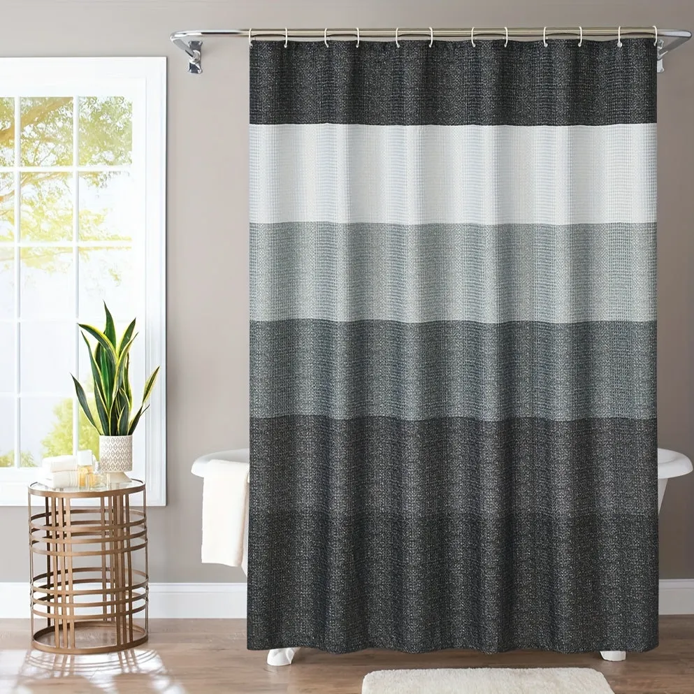 1pc Ombre Stripes Waffle Shower Curtain - Waterproof, Mildew-Resistant & Quick-Drying Design with 12 Hooks for a Stylish, Modern Bathroom Decor