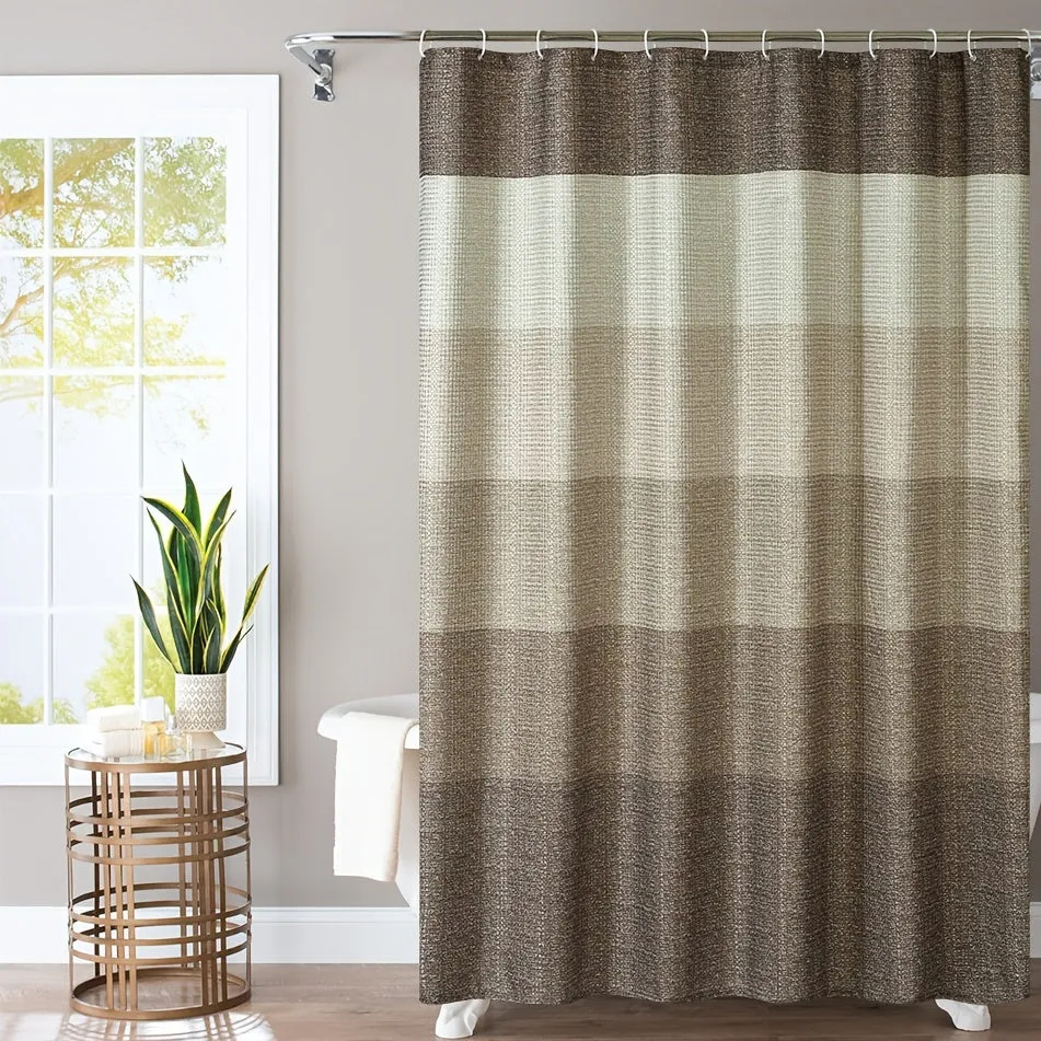 1pc Ombre Stripes Waffle Shower Curtain - Waterproof, Mildew-Resistant & Quick-Drying Design with 12 Hooks for a Stylish, Modern Bathroom Decor