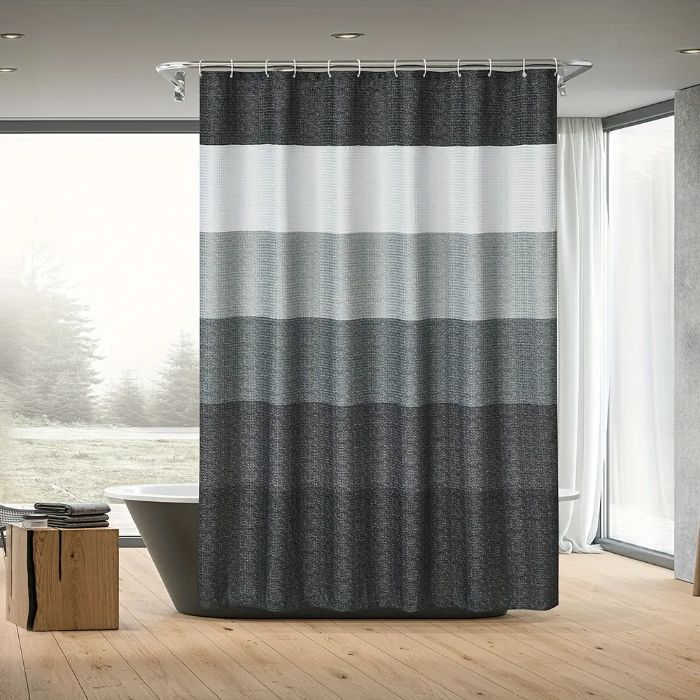 1pc Ombre Stripes Waffle Shower Curtain - Waterproof, Mildew-Resistant & Quick-Drying Design with 12 Hooks for a Stylish, Modern Bathroom Decor