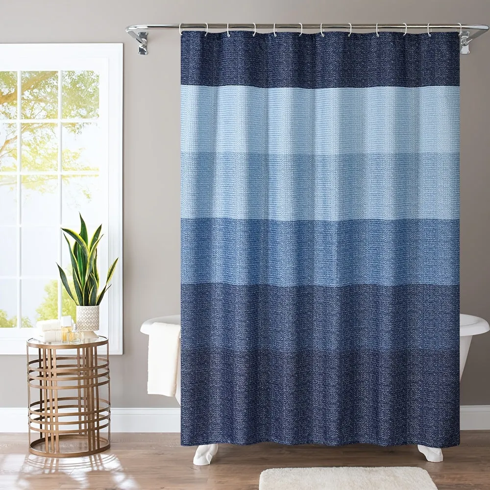 1pc Ombre Stripes Waffle Shower Curtain - Waterproof, Mildew-Resistant & Quick-Drying Design with 12 Hooks for a Stylish, Modern Bathroom Decor
