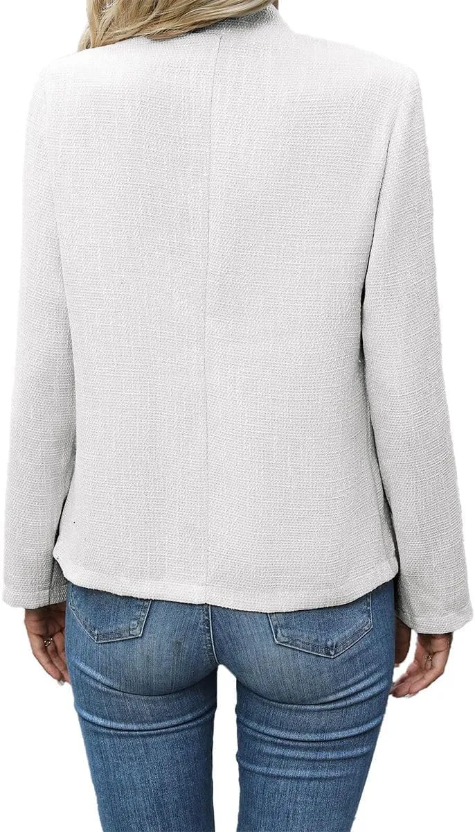 2025 Women's Tweed Blazer Lightweight Plaid Open-Front Stand-Collar Fully-Lined Casual Fashion Elegant Jacket