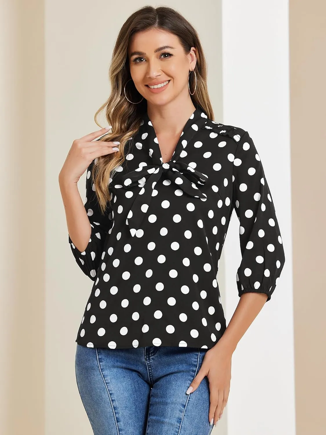 Allegra K Women's Printed Ruffle Shoulder Elastic Cuff Bow Tie Neck Blouse