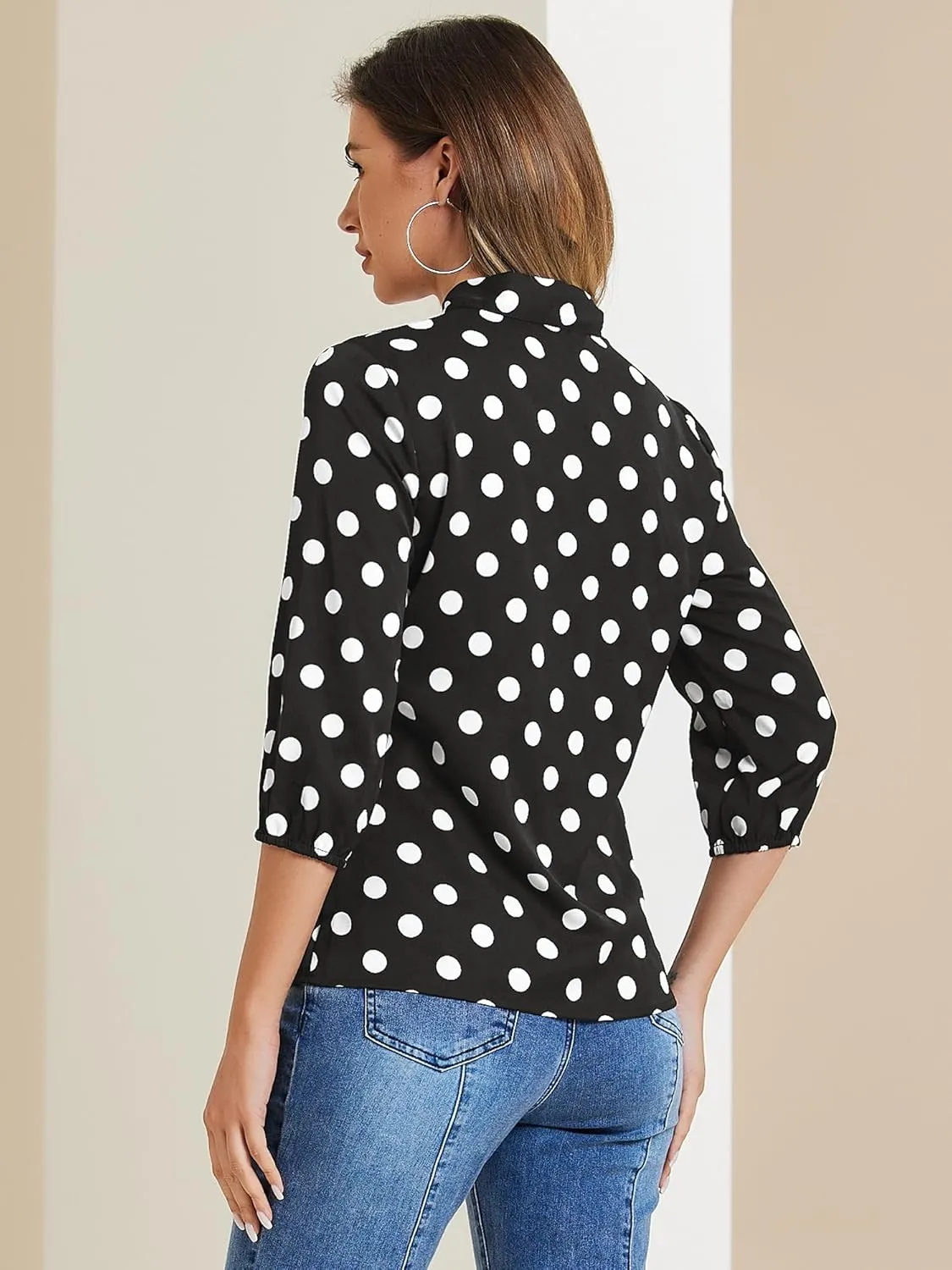 Allegra K Women's Printed Ruffle Shoulder Elastic Cuff Bow Tie Neck Blouse