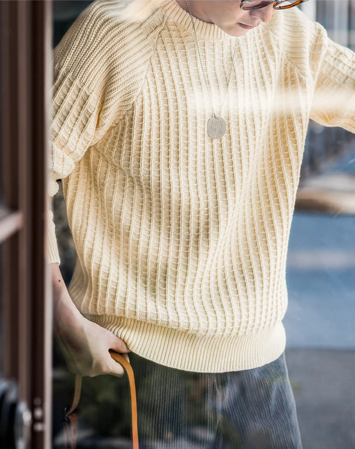 American Casual Waffle Round Neck Warm Pullover Men's Sweater