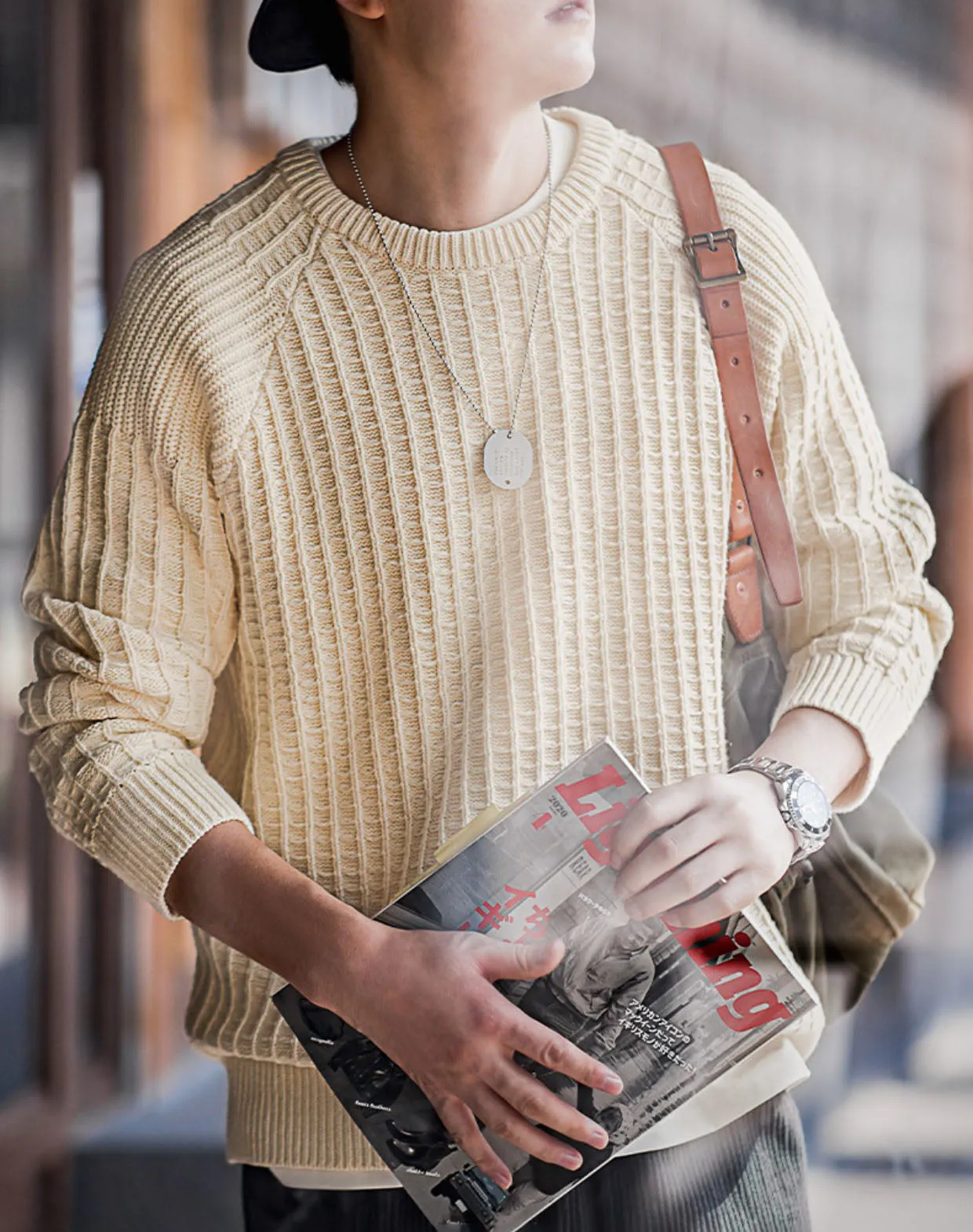 American Casual Waffle Round Neck Warm Pullover Men's Sweater