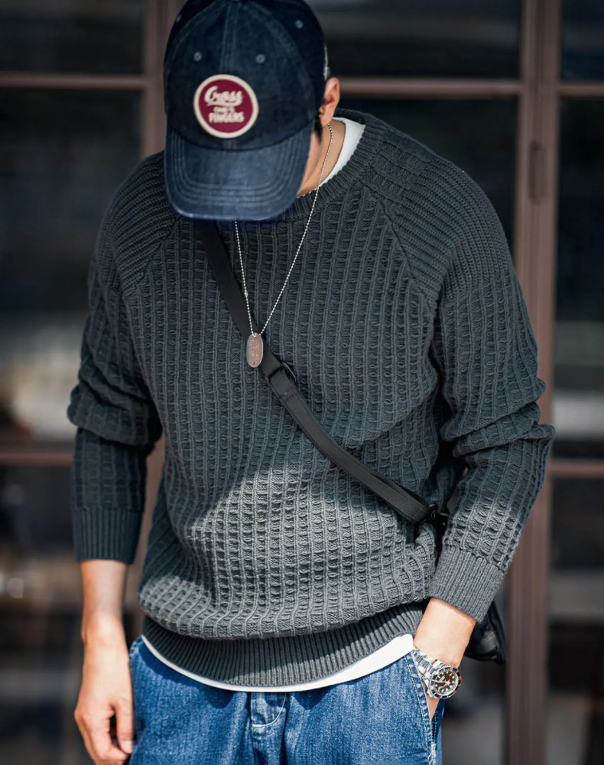 American Casual Waffle Round Neck Warm Pullover Men's Sweater