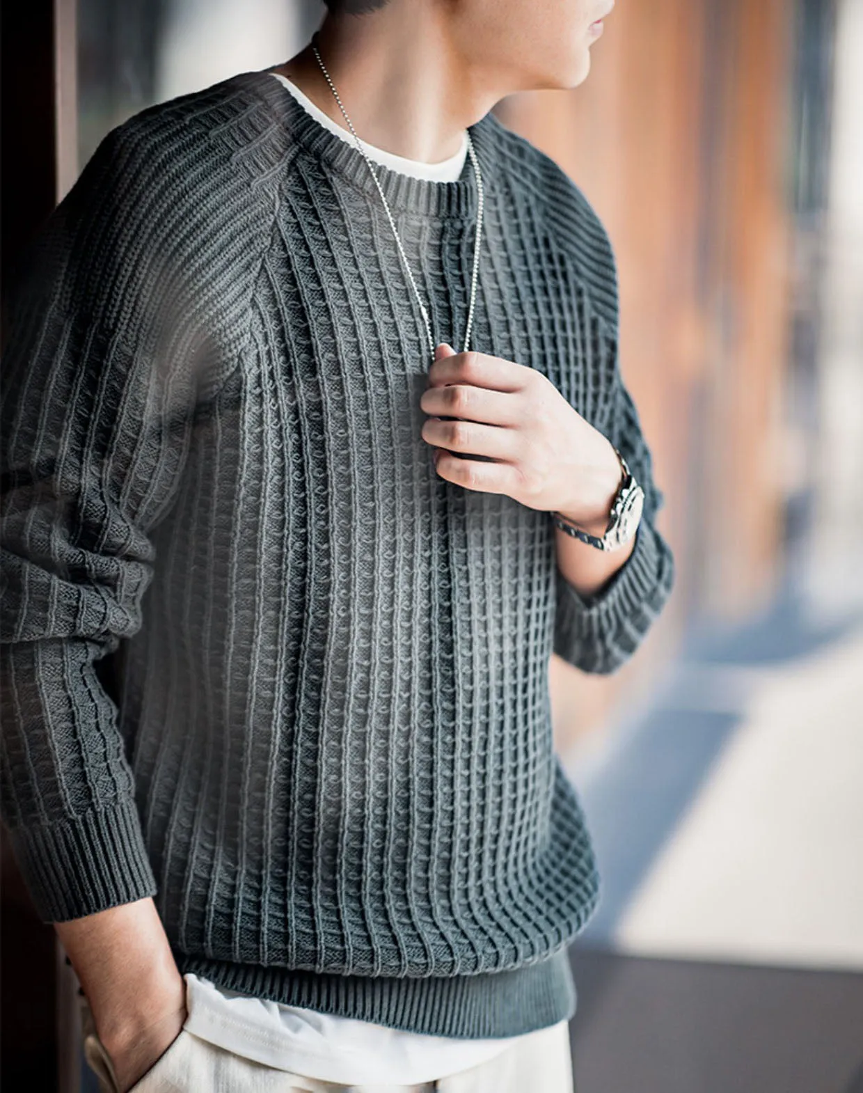 American Casual Waffle Round Neck Warm Pullover Men's Sweater