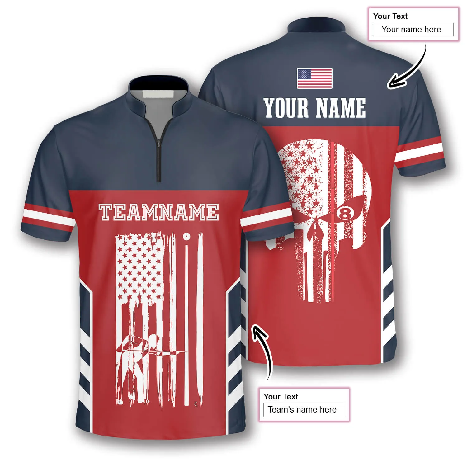 American Flag Skull Red Navy Custom Billiard Jerseys for Men, Idea Gift for Billiard Team, Billiard Player
