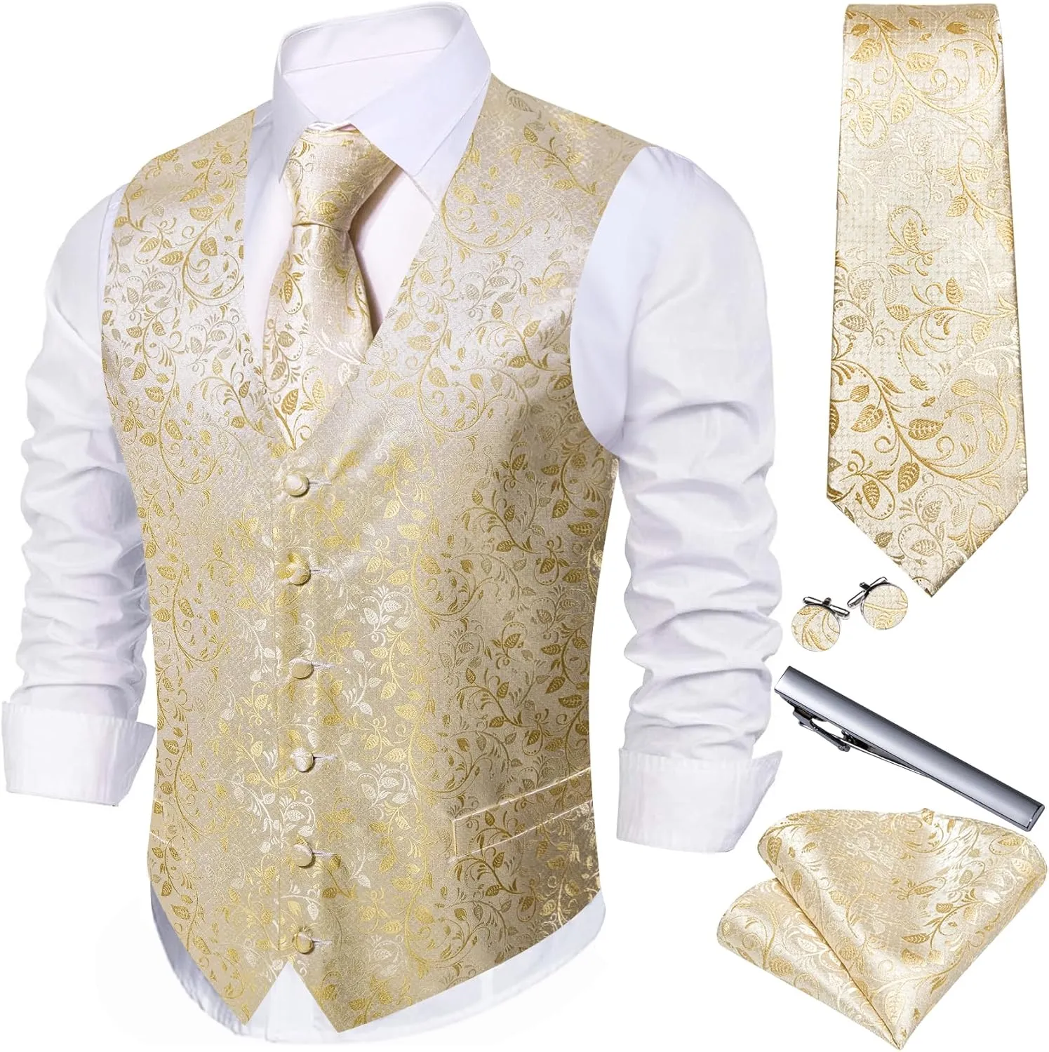 Barry.Wang Mens Suit Vest Paisley/Flower Silk Jacquard Waistcoat Ties Set Formal/Leisure 5PCS