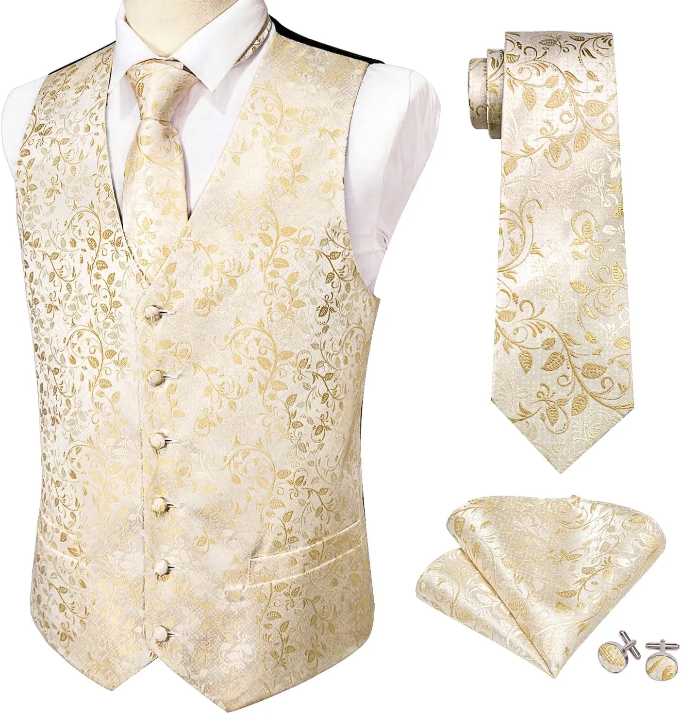 Barry.Wang Mens Suit Vest Paisley/Flower Silk Jacquard Waistcoat Ties Set Formal/Leisure 5PCS