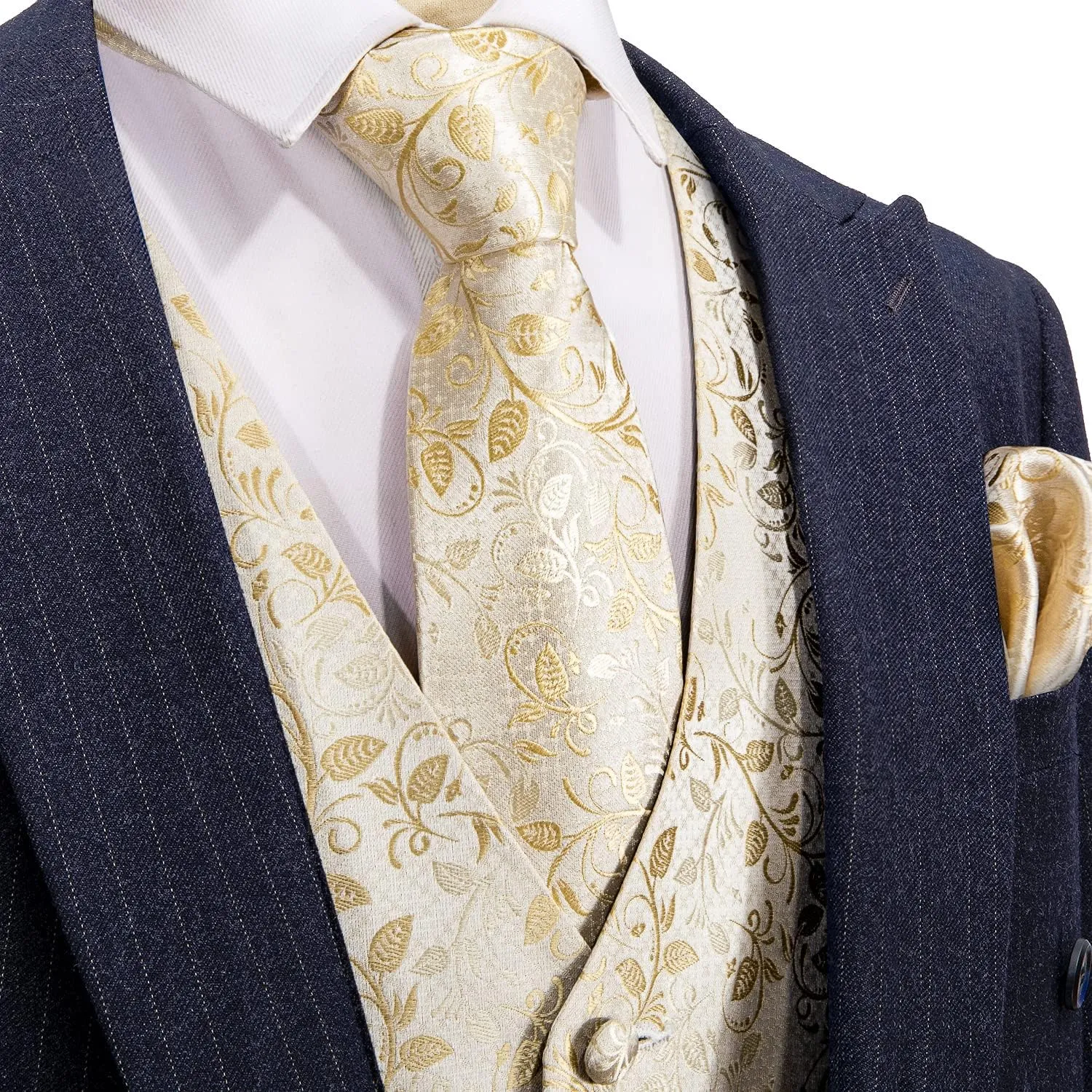 Barry.Wang Mens Suit Vest Paisley/Flower Silk Jacquard Waistcoat Ties Set Formal/Leisure 5PCS