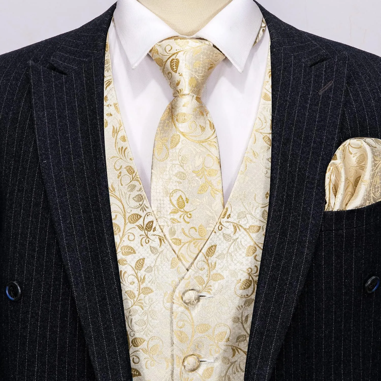 Barry.Wang Mens Suit Vest Paisley/Flower Silk Jacquard Waistcoat Ties Set Formal/Leisure 5PCS