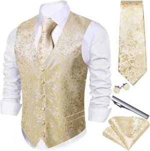 Barry.Wang Mens Suit Vest Paisley/Flower Silk Jacquard Waistcoat Ties Set Formal/Leisure 5PCS