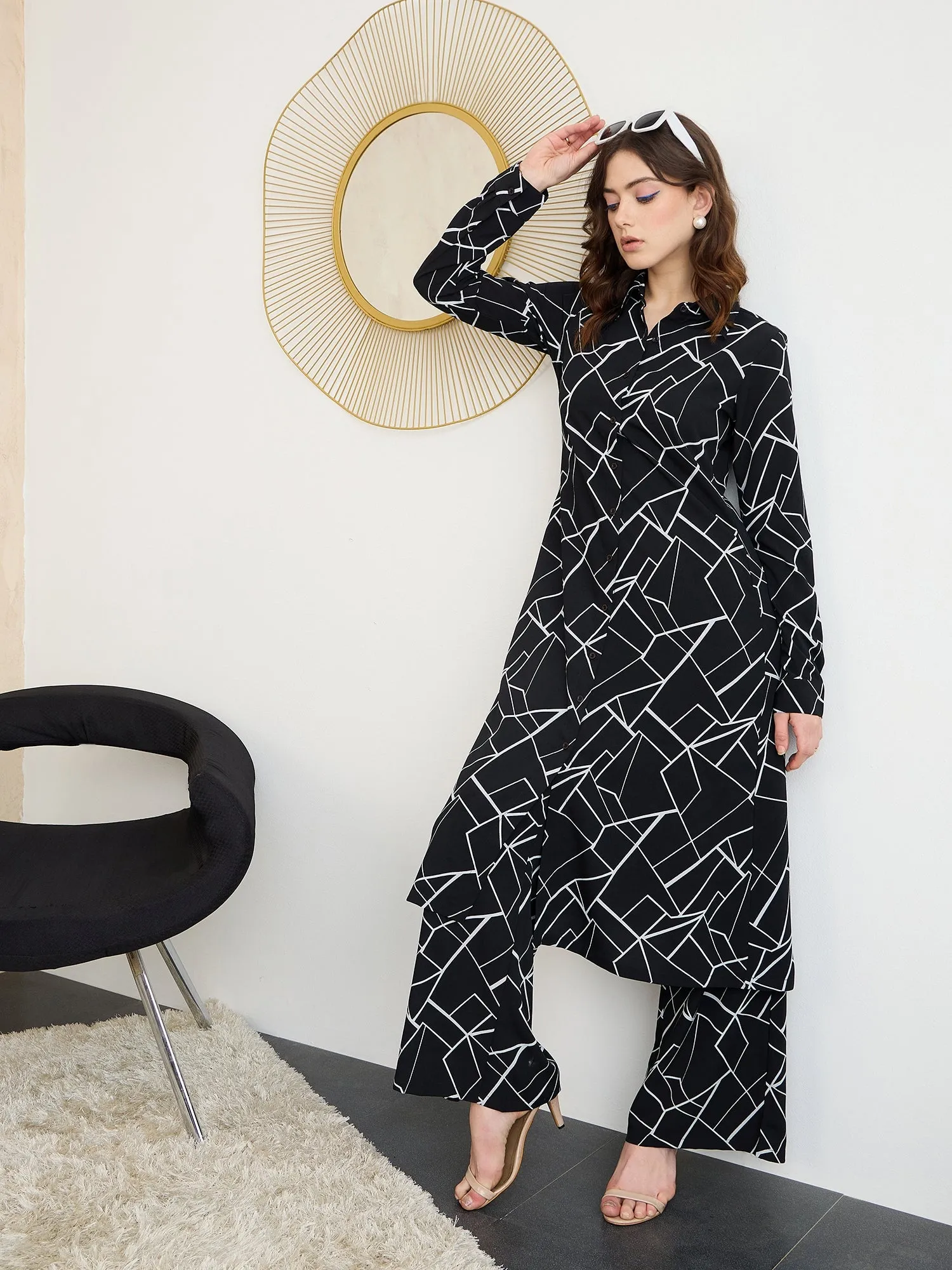 Berrylush BIZwear Women Black & White Abstract Printed Spread Collar Neck Button-Up Longline Top & Wide-Leg Maxi Trousers Co-Ords Set