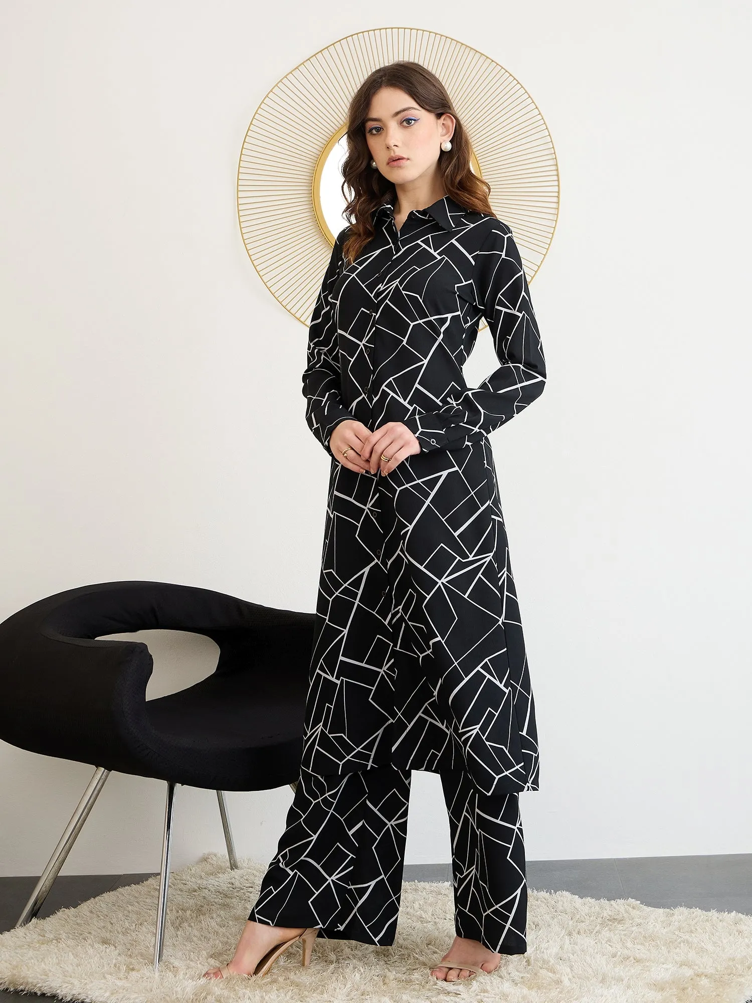Berrylush BIZwear Women Black & White Abstract Printed Spread Collar Neck Button-Up Longline Top & Wide-Leg Maxi Trousers Co-Ords Set