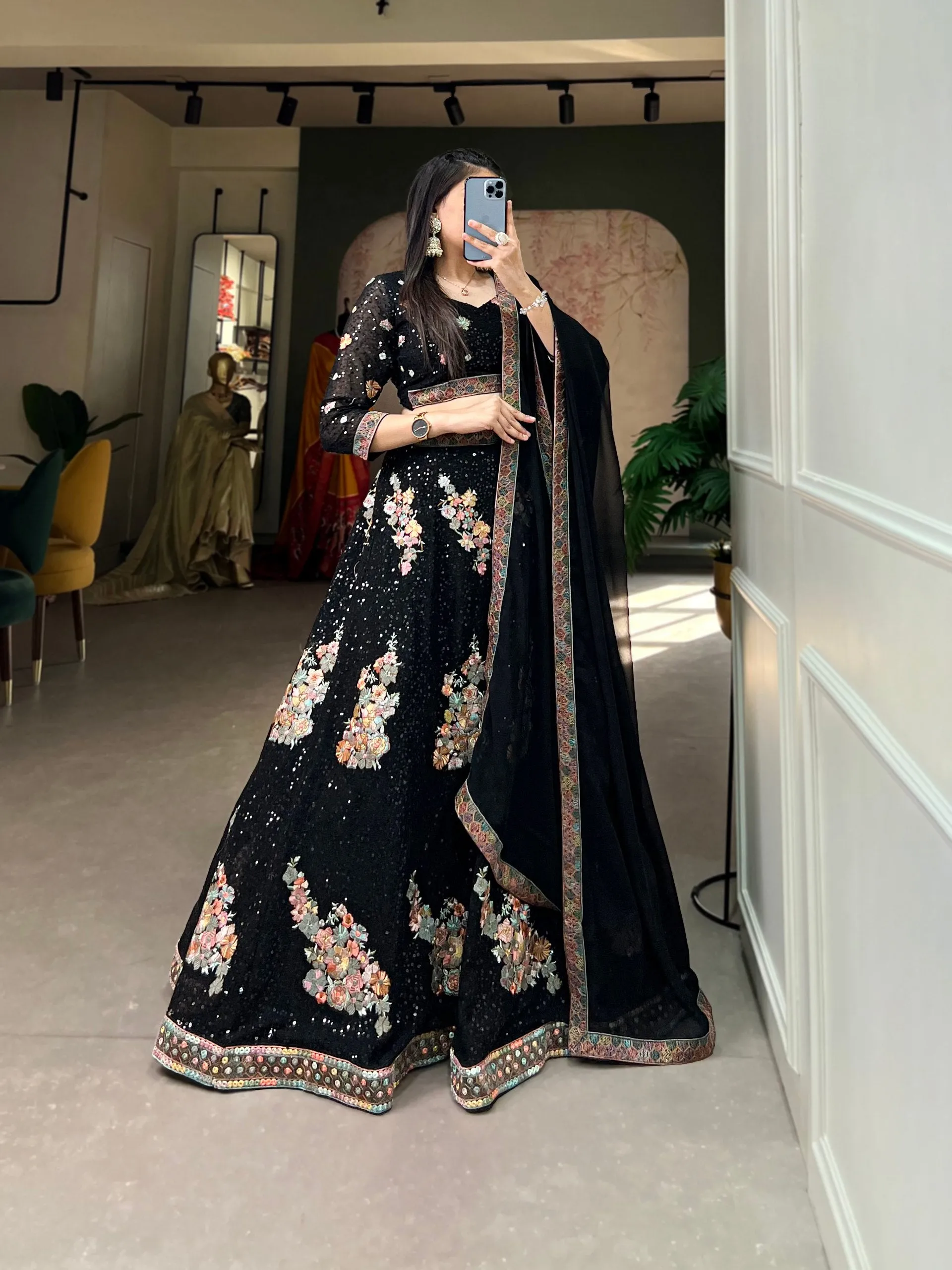 Black Sequined Splendor: Bridal Lehenga Choli Set in Exquisite Embroidery