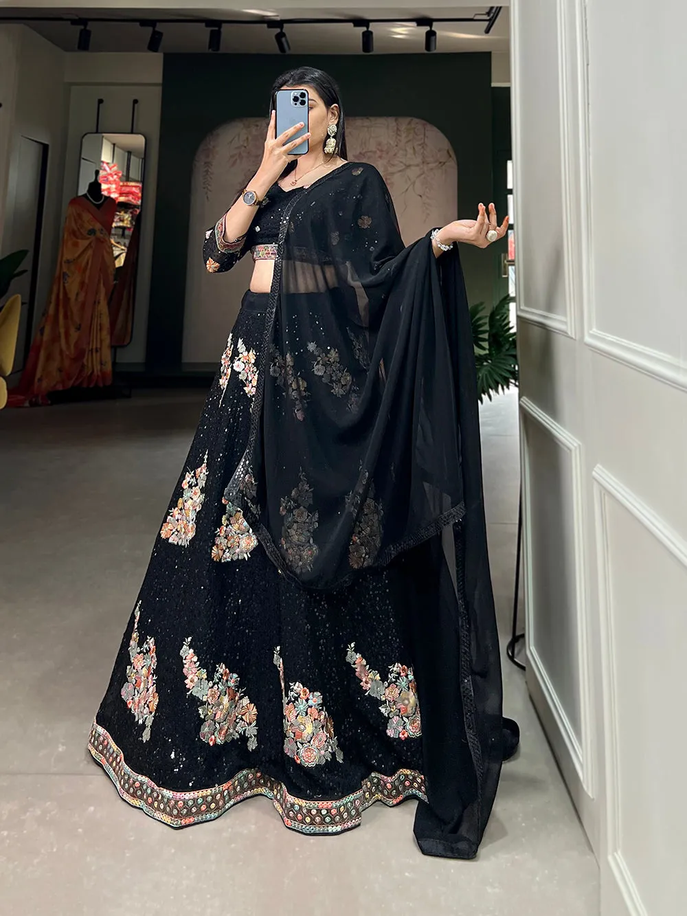 Black Sequined Splendor: Bridal Lehenga Choli Set in Exquisite Embroidery