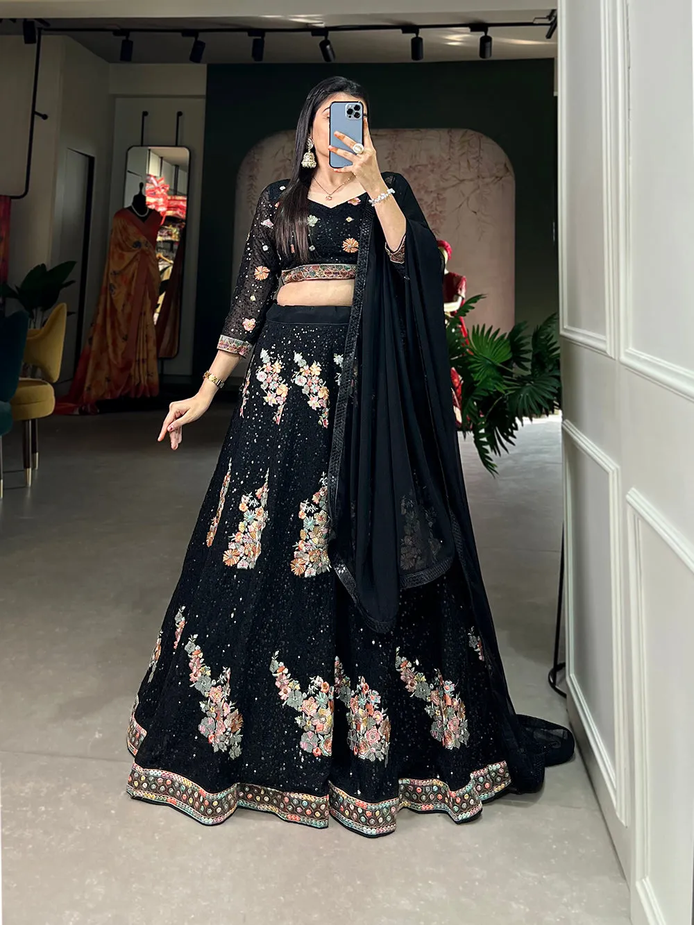 Black Sequined Splendor: Bridal Lehenga Choli Set in Exquisite Embroidery