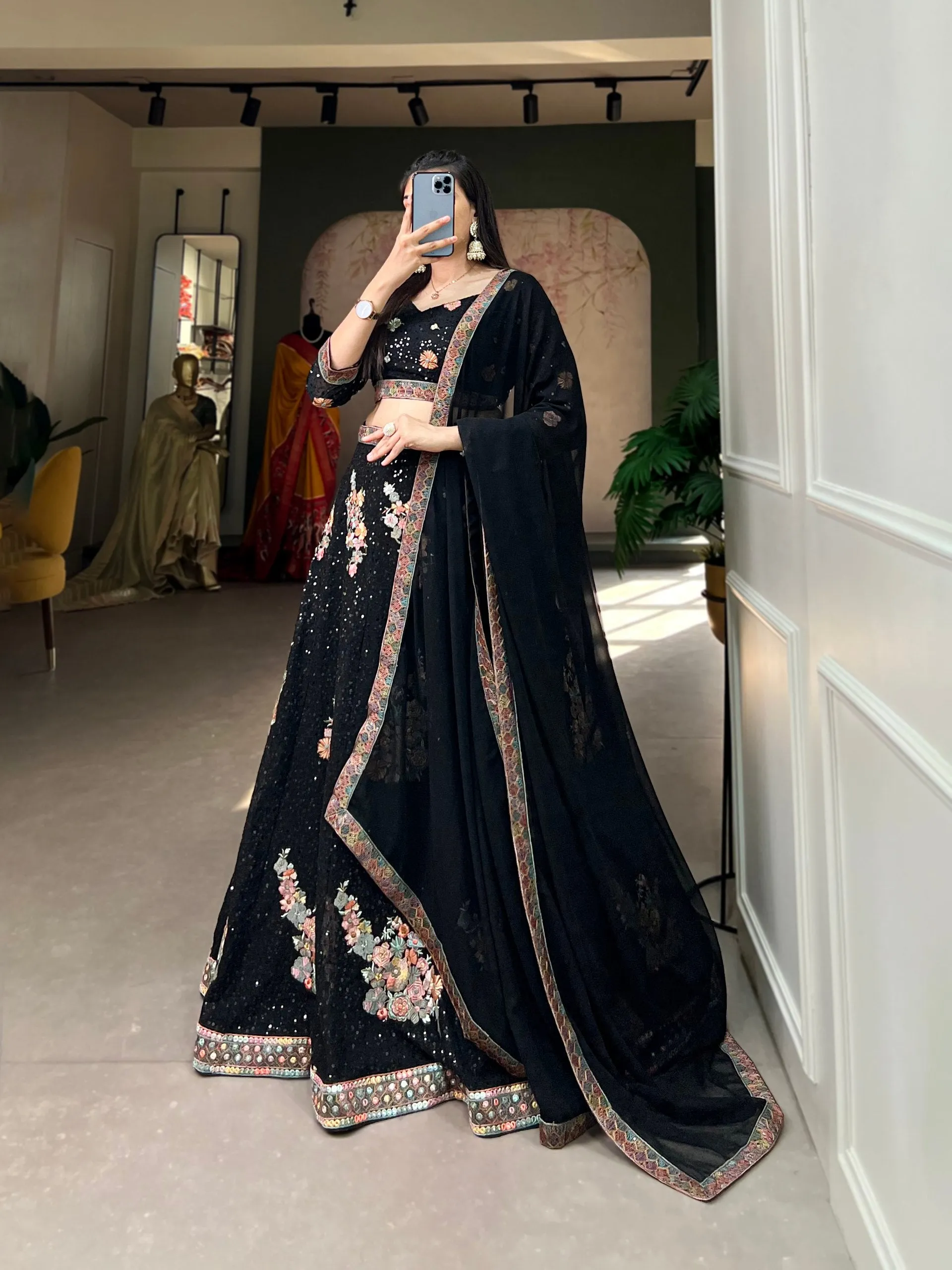 Black Sequined Splendor: Bridal Lehenga Choli Set in Exquisite Embroidery