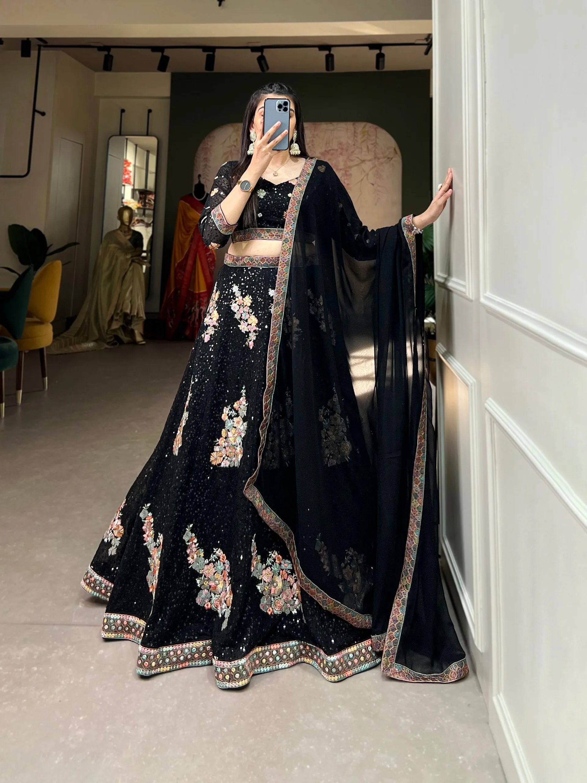 Black Sequined Splendor: Bridal Lehenga Choli Set in Exquisite Embroidery