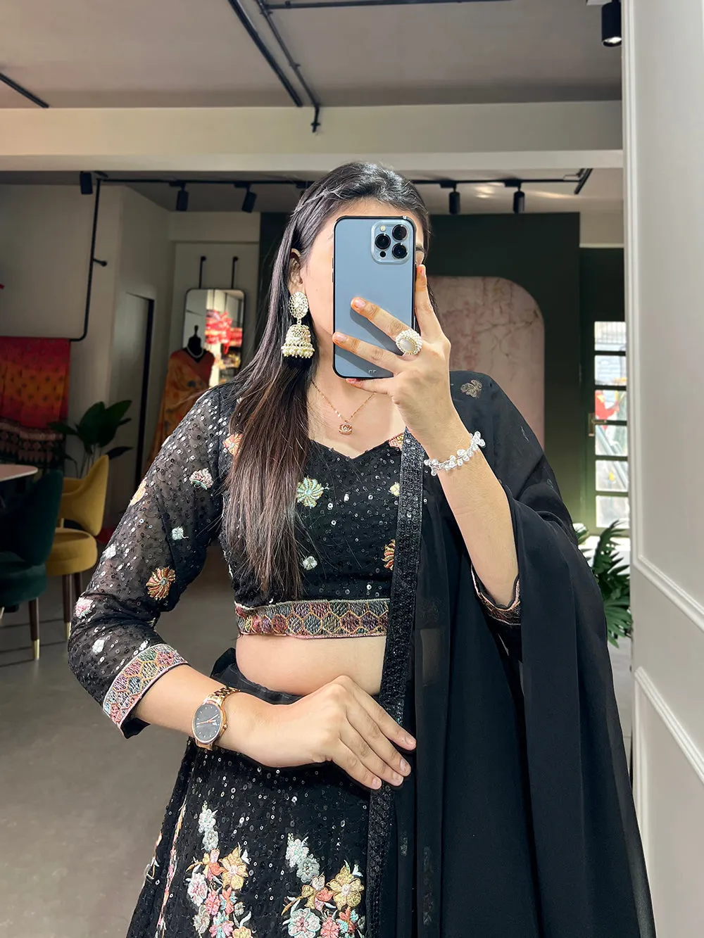 Black Sequined Splendor: Bridal Lehenga Choli Set in Exquisite Embroidery