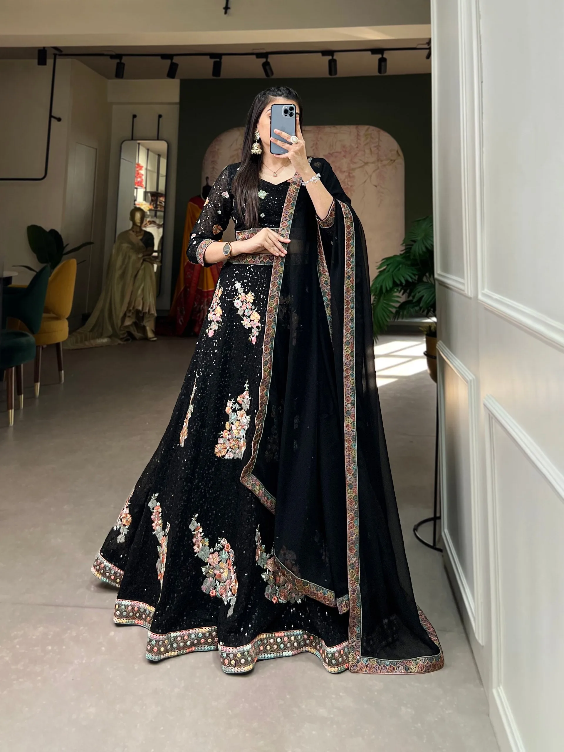Black Sequined Splendor: Bridal Lehenga Choli Set in Exquisite Embroidery
