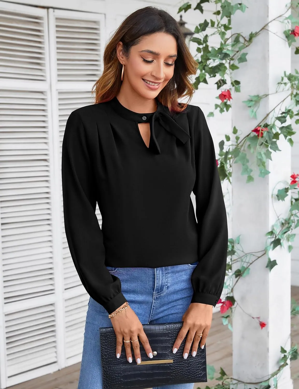 Blooming Jelly Womens Business Casual Tops Elegant Tie Neck Long Sleeve Dressy Fall Blouses 2024 Ladies Trendy Work Shirts