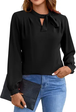 Blooming Jelly Womens Business Casual Tops Elegant Tie Neck Long Sleeve Dressy Fall Blouses 2024 Ladies Trendy Work Shirts