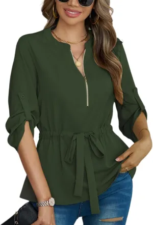 CiCiBird Womens Dressy 3/4 Sleeve Shirt Casual Zip Blouse Work Business Peplum Tops