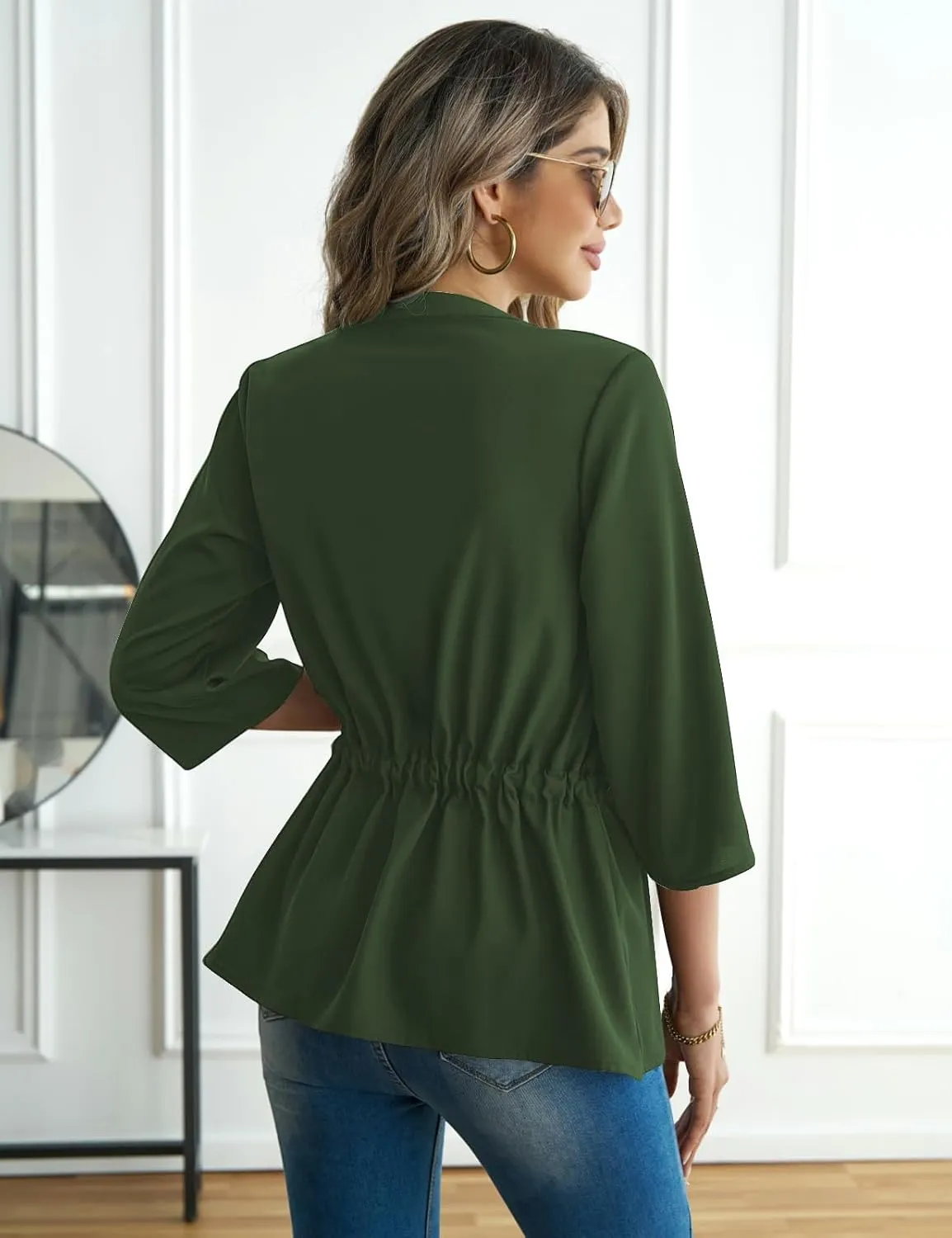 CiCiBird Womens Dressy 3/4 Sleeve Shirt Casual Zip Blouse Work Business Peplum Tops