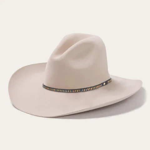 Classic Wide-Brim Beige Cowboy Hat with Unique Black-Blue Band