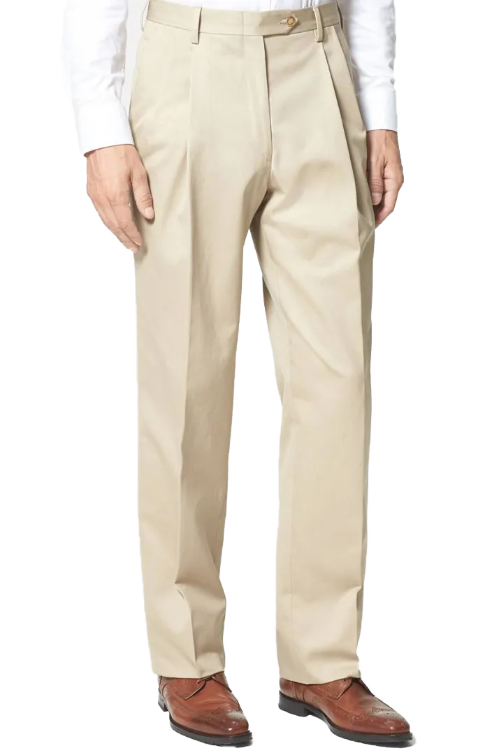 Cotton/Poly Dress Khaki, Self Sizer<br>Pleated<br>Long Rise