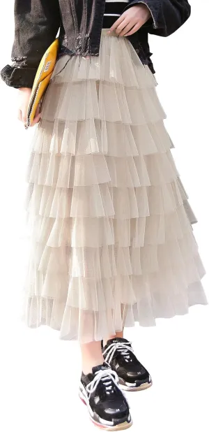 ebossy Women's Sweet Elastic Waist Tulle Layered Ruffles Mesh Long Tiered Skirt