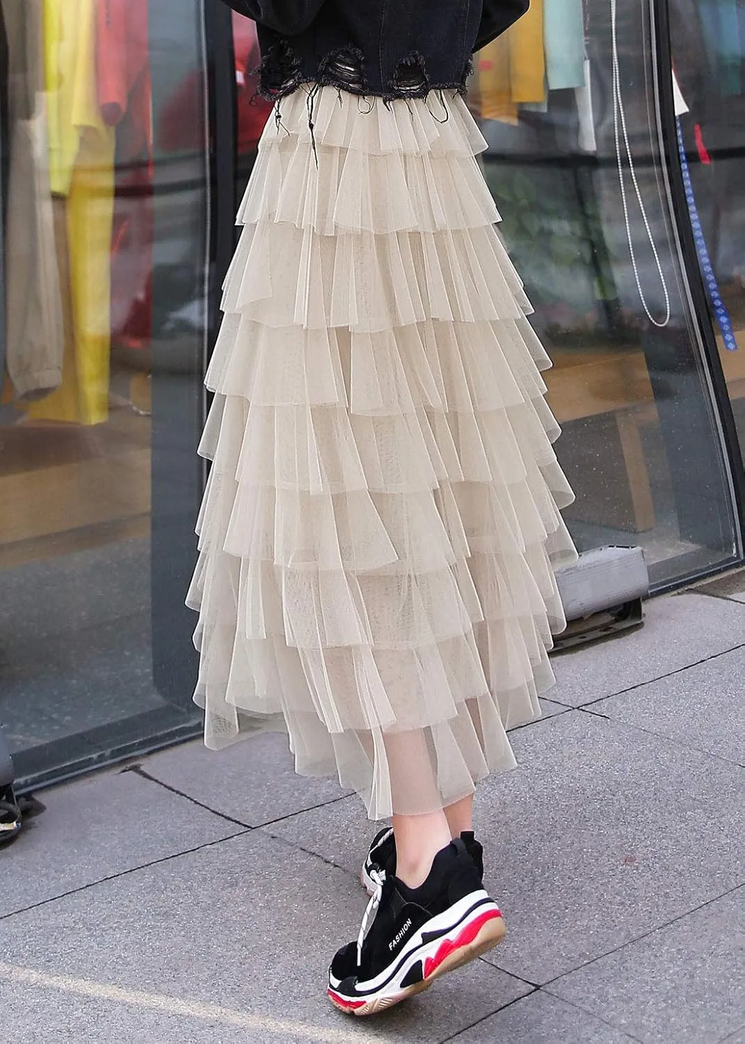 ebossy Women's Sweet Elastic Waist Tulle Layered Ruffles Mesh Long Tiered Skirt