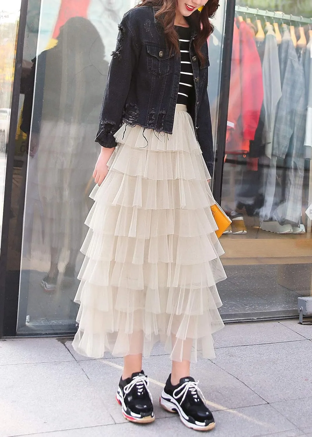 ebossy Women's Sweet Elastic Waist Tulle Layered Ruffles Mesh Long Tiered Skirt
