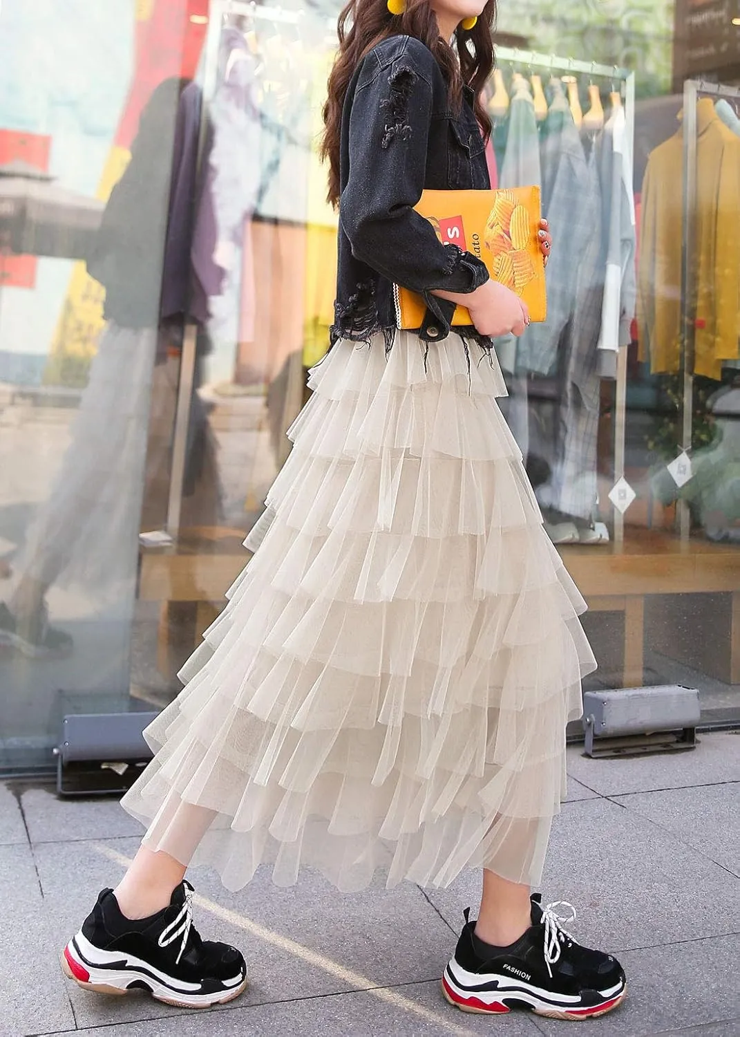 ebossy Women's Sweet Elastic Waist Tulle Layered Ruffles Mesh Long Tiered Skirt