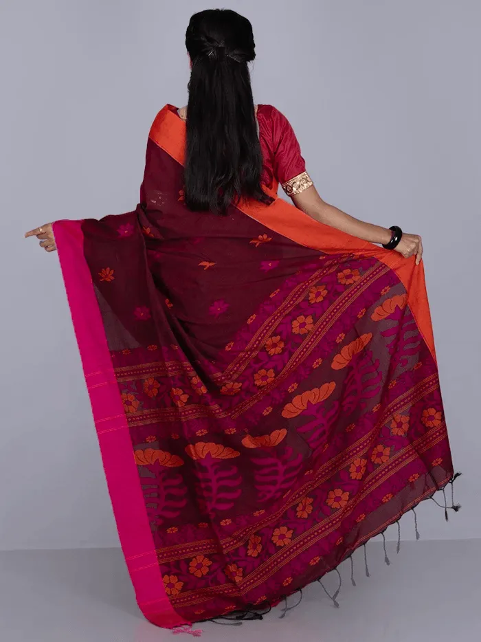 Elegant Maroon Par Anchal Buti Cotton Saree