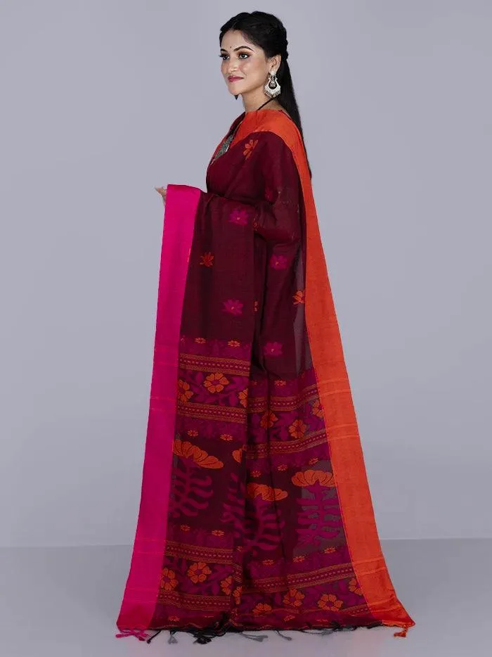 Elegant Maroon Par Anchal Buti Cotton Saree