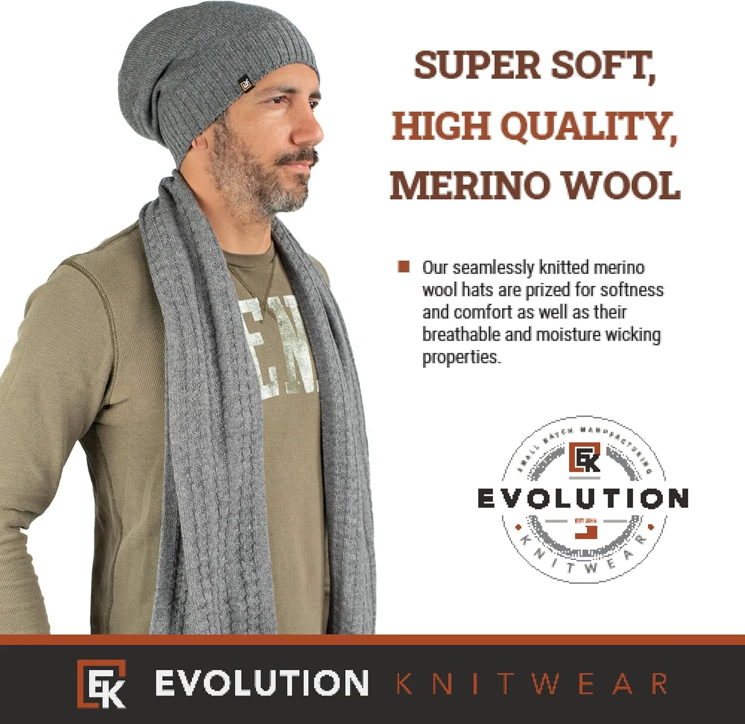 Evolution Knitwear Wool Slouchy Knit Beanie Hat for Men or Women - Super Soft Merino Wool - Made in The USA