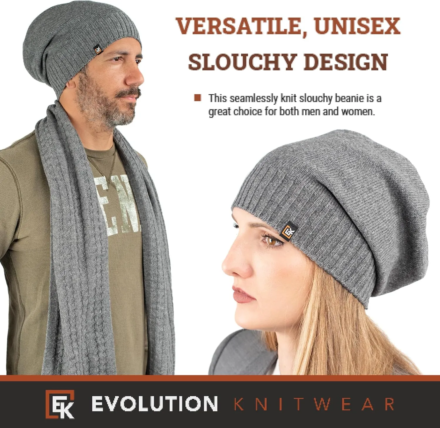 Evolution Knitwear Wool Slouchy Knit Beanie Hat for Men or Women - Super Soft Merino Wool - Made in The USA
