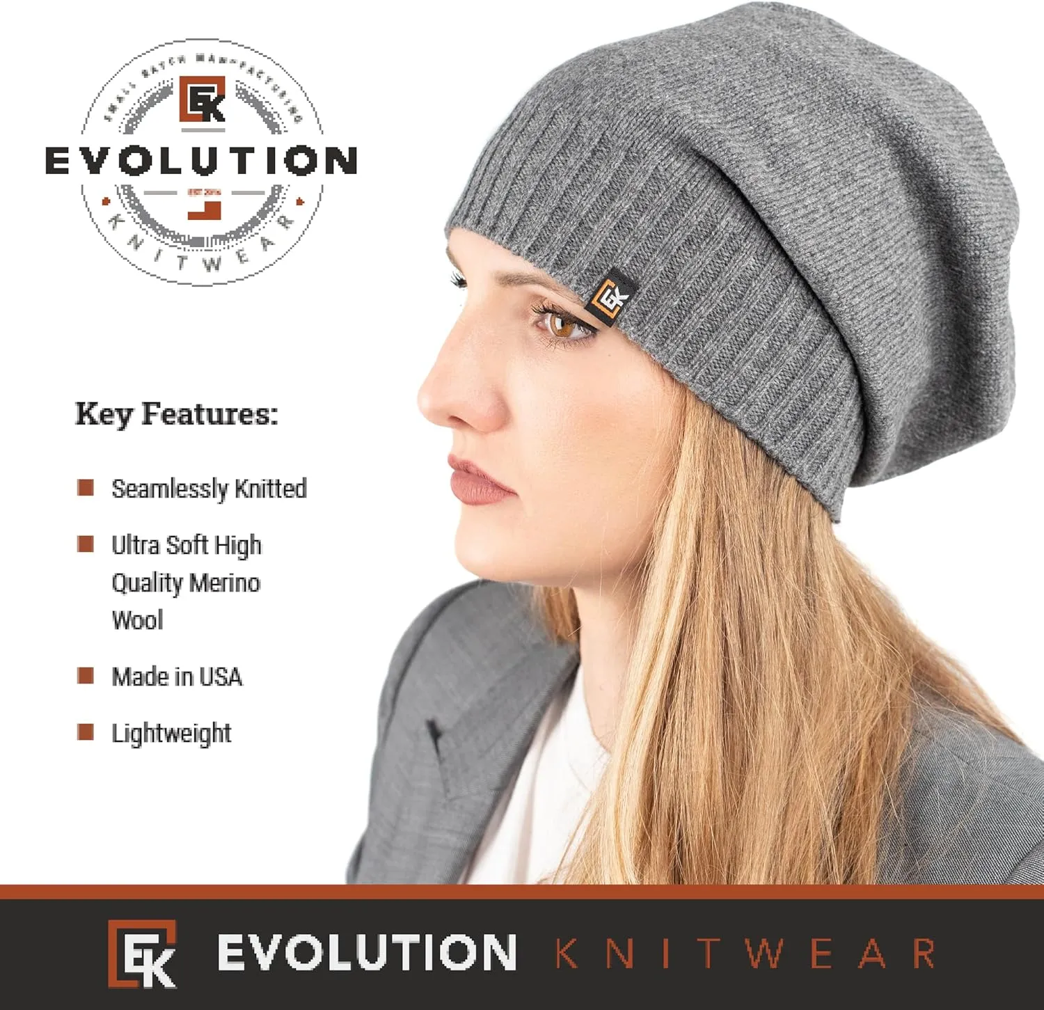 Evolution Knitwear Wool Slouchy Knit Beanie Hat for Men or Women - Super Soft Merino Wool - Made in The USA