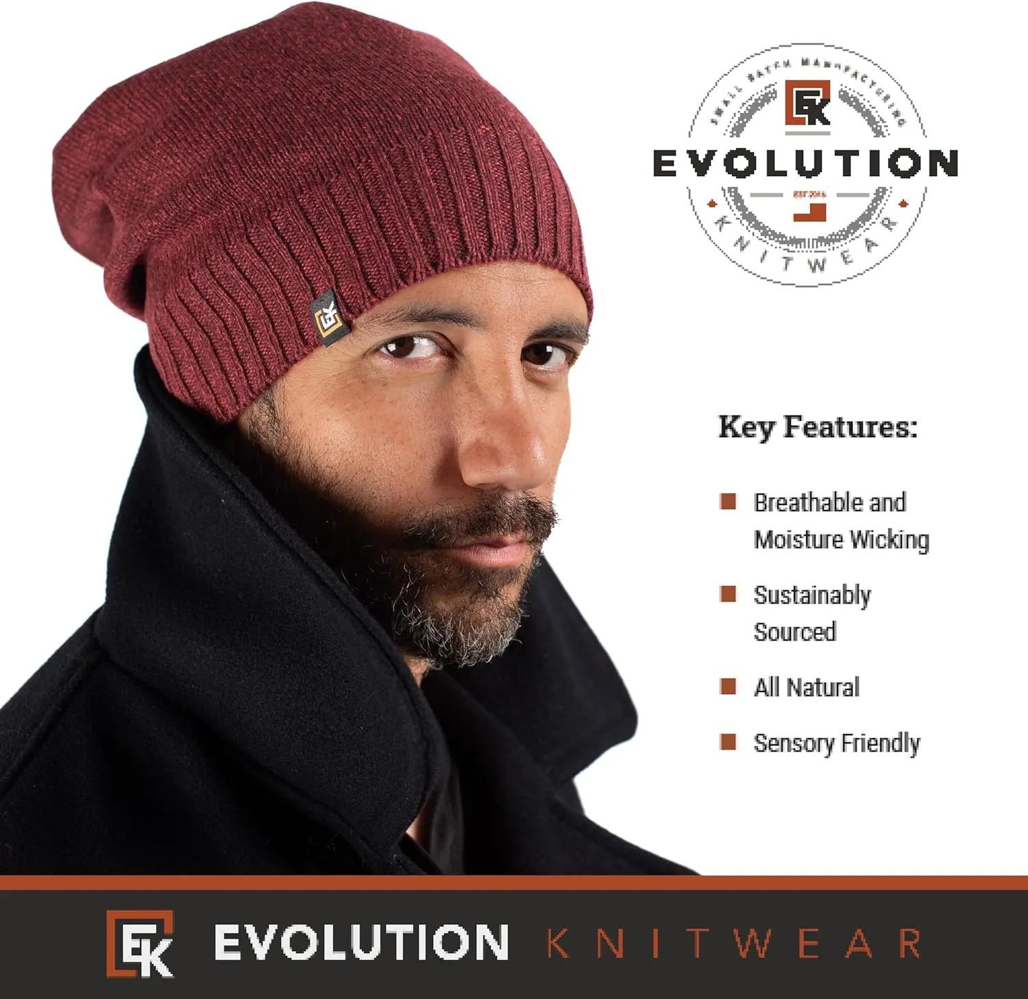 Evolution Knitwear Wool Slouchy Knit Beanie Hat for Men or Women - Super Soft Merino Wool - Made in The USA