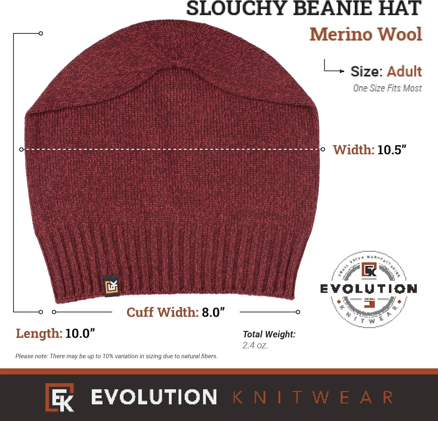 Evolution Knitwear Wool Slouchy Knit Beanie Hat for Men or Women - Super Soft Merino Wool - Made in The USA