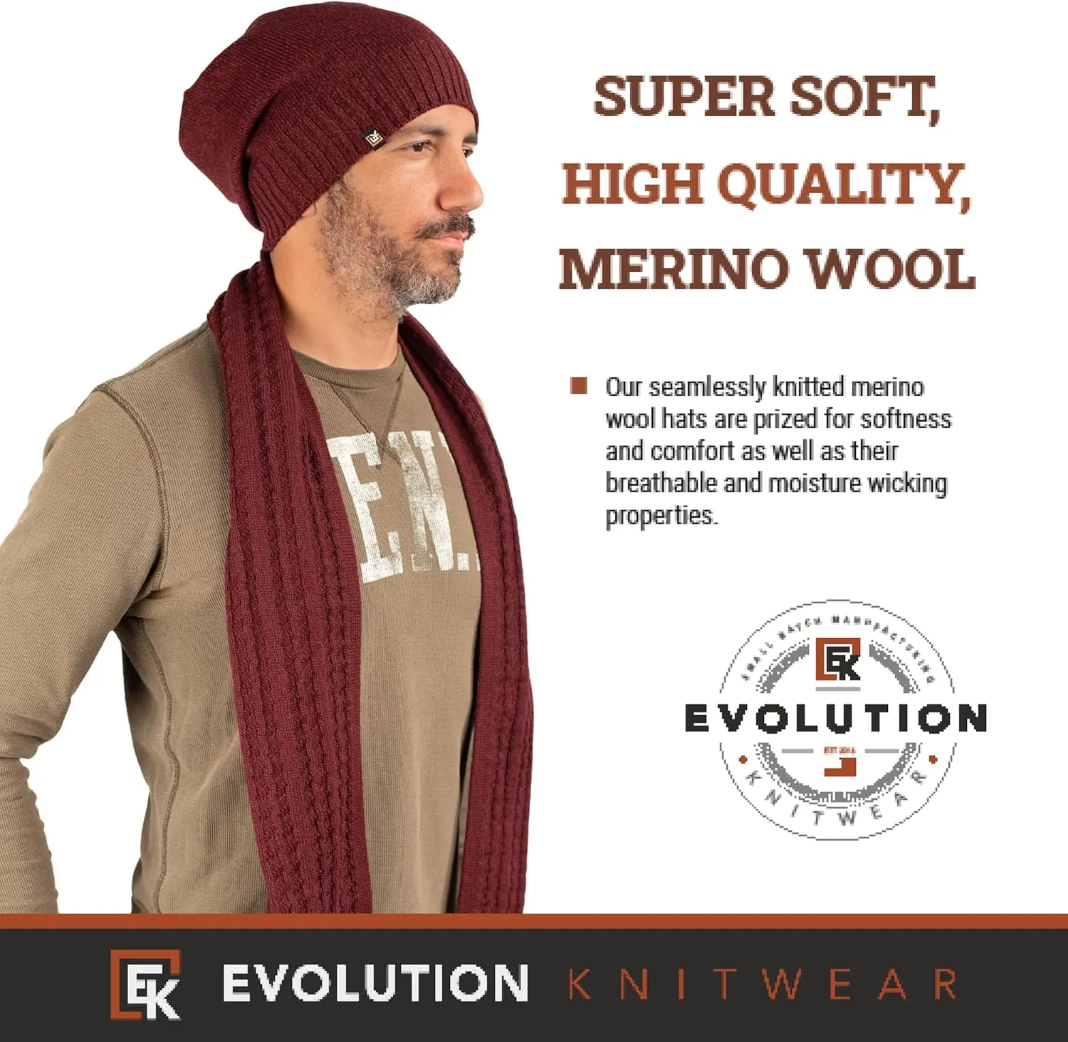 Evolution Knitwear Wool Slouchy Knit Beanie Hat for Men or Women - Super Soft Merino Wool - Made in The USA