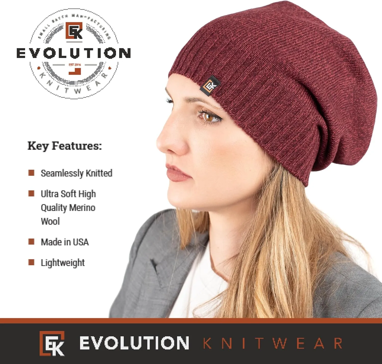 Evolution Knitwear Wool Slouchy Knit Beanie Hat for Men or Women - Super Soft Merino Wool - Made in The USA