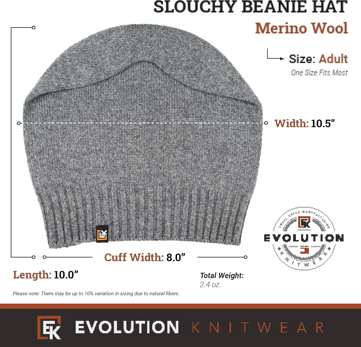 Evolution Knitwear Wool Slouchy Knit Beanie Hat for Men or Women - Super Soft Merino Wool - Made in The USA