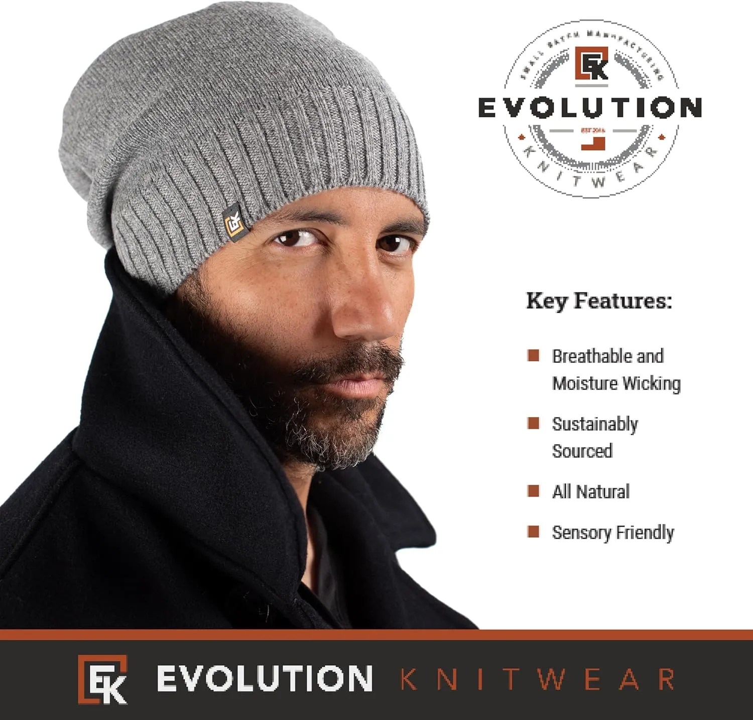 Evolution Knitwear Wool Slouchy Knit Beanie Hat for Men or Women - Super Soft Merino Wool - Made in The USA