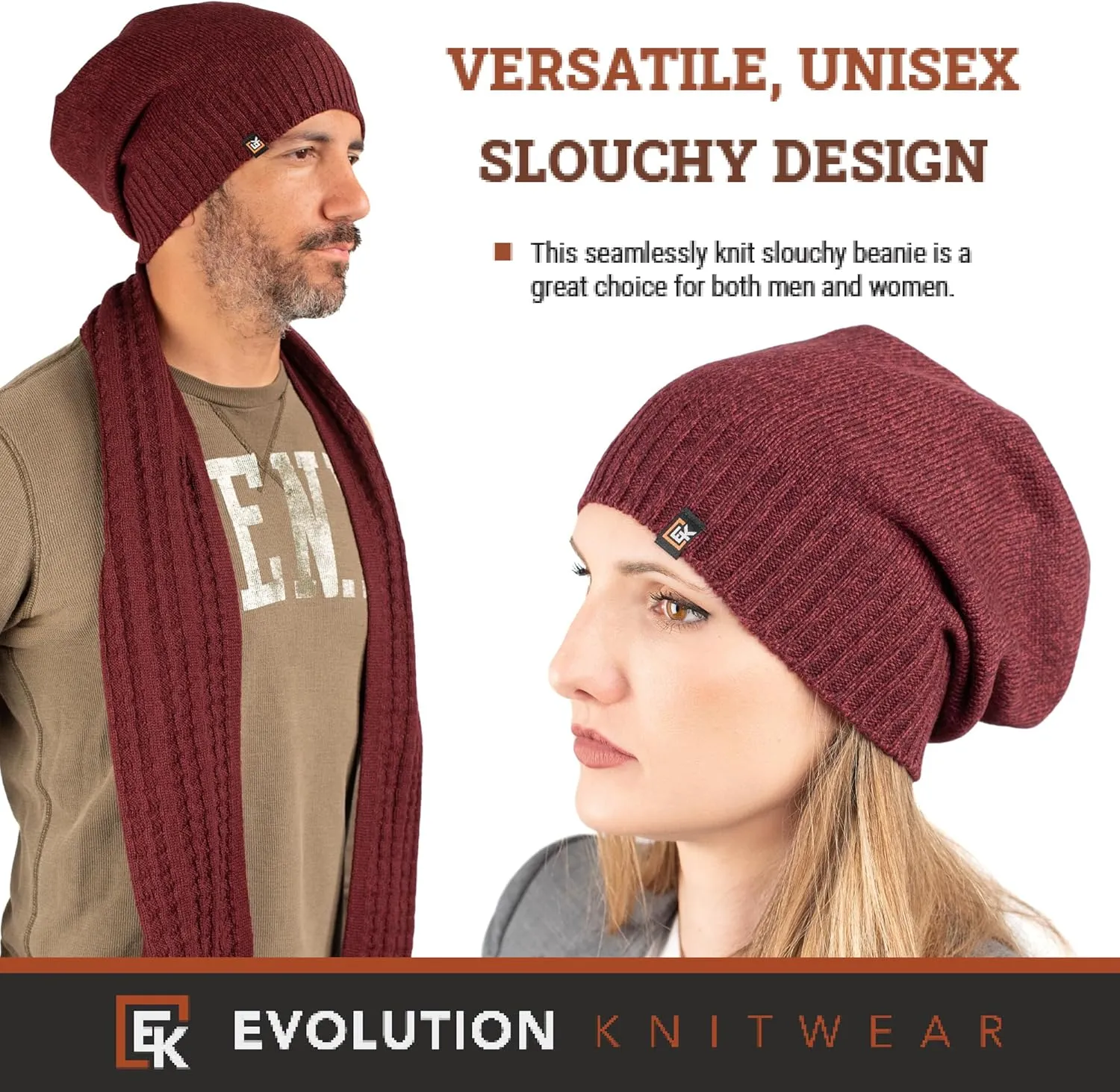 Evolution Knitwear Wool Slouchy Knit Beanie Hat for Men or Women - Super Soft Merino Wool - Made in The USA