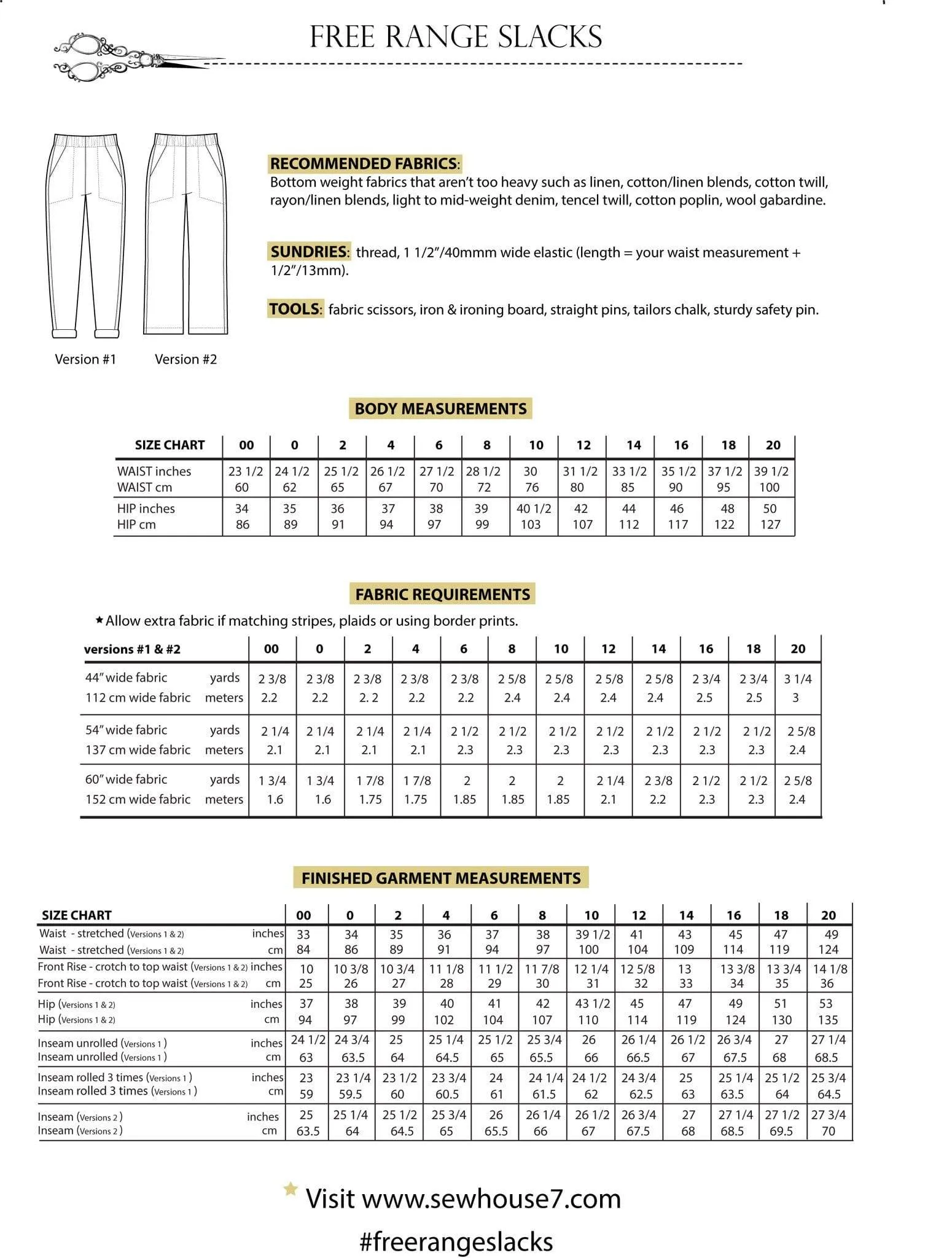 Free Range Slacks Sizes 00-34 - Sew House Seven