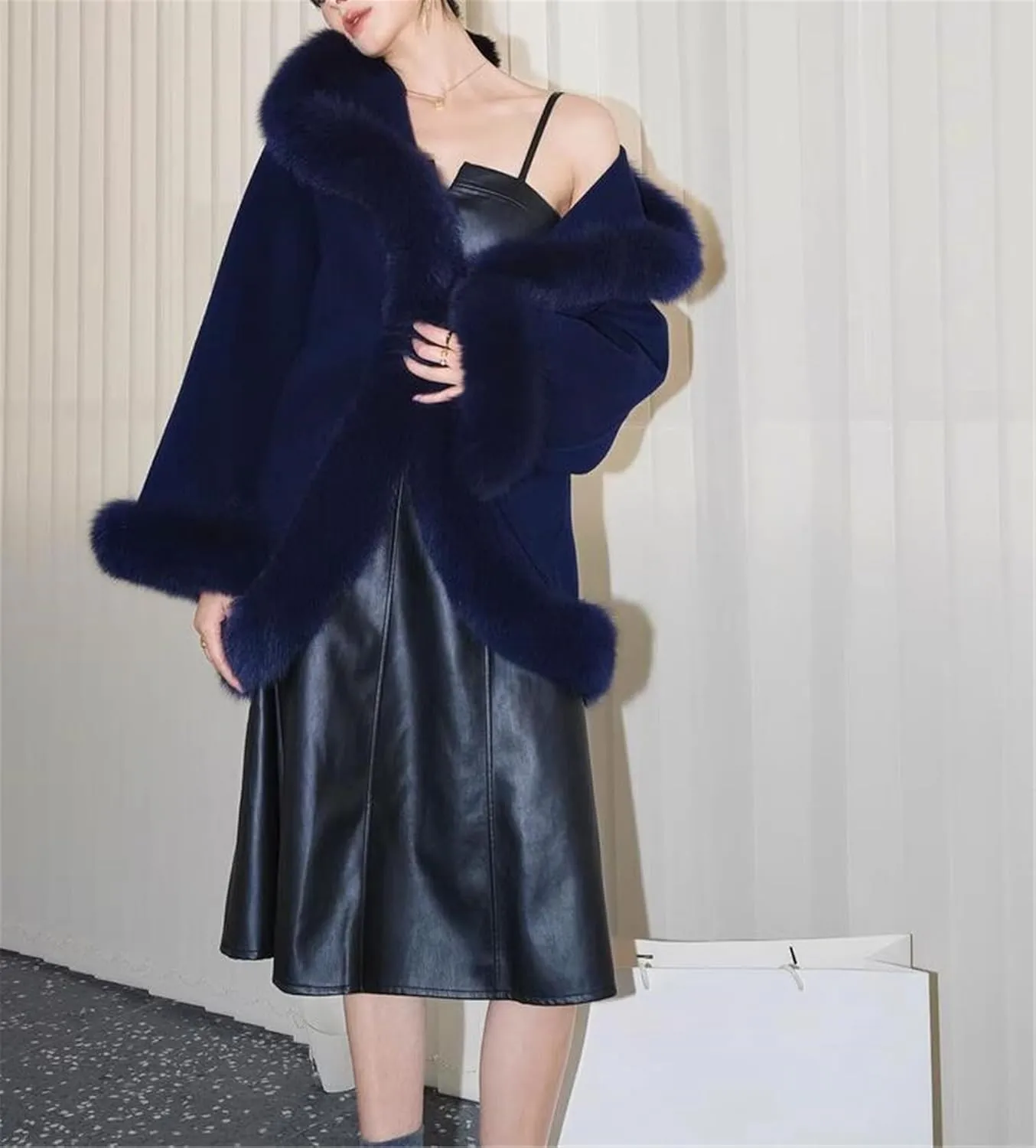 FURINFASHION D-17 Women's Winter Warm Short Wool Blend Fashion Coat With Fluffy Real Fox Fur Trim Luxury Cape Sexy Jackets (4XL, Navy Blue)